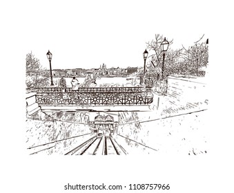 Landmark with building view of Budapest, Hungary’s capital, is bisected by the River Danube. Hand drawn sketch illustration in vector.