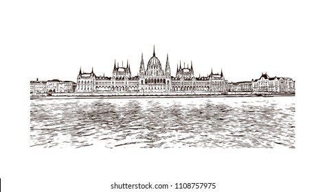 Landmark with building view of Budapest, Hungary’s capital, is bisected by the River Danube. Hand drawn sketch illustration in vector.