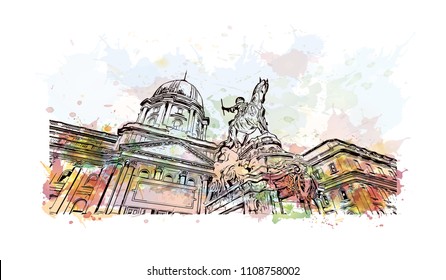 Landmark with building view of Budapest, Hungary’s capital, is bisected by the River Danube. Watercolor splash with hand drawn sketch illustration in vector.