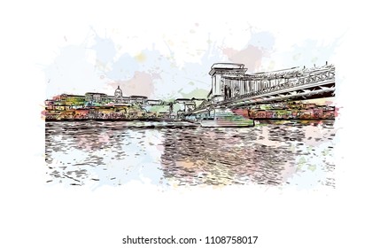 Landmark with building view of Budapest, Hungary’s capital, is bisected by the River Danube. Watercolor splash with hand drawn sketch illustration in vector.