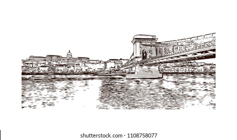 Landmark with building view of Budapest, Hungary’s capital, is bisected by the River Danube. Hand drawn sketch illustration in vector.