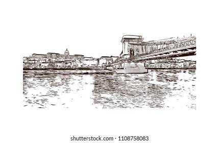 Landmark with building view of Budapest, Hungary’s capital, is bisected by the River Danube. Hand drawn sketch illustration in vector.