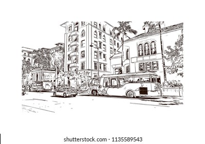 Landmark and building view of Charleston, City in South Carolina. Hand drawn sketch illustration in vector.