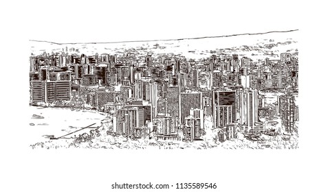 Landmark and building view of Charleston, City in South Carolina. Hand drawn sketch illustration in vector.
