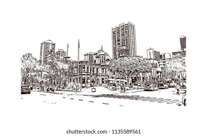 Landmark and building view of Charleston, City in South Carolina. Hand drawn sketch illustration in vector.