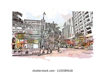 Landmark and building view of Charleston, City in South Carolina. Watercolor splash with Hand drawn sketch illustration in vector.