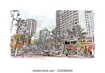 Landmark and building view of Charleston, City in South Carolina. Watercolor splash with Hand drawn sketch illustration in vector.