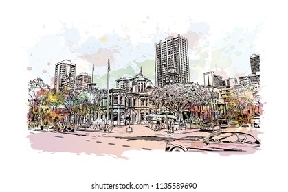 Landmark and building view of Charleston, City in South Carolina. Watercolor splash with Hand drawn sketch illustration in vector.