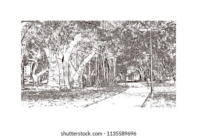 Landmark and building view of Charleston, City in South Carolina. Hand drawn sketch illustration in vector.