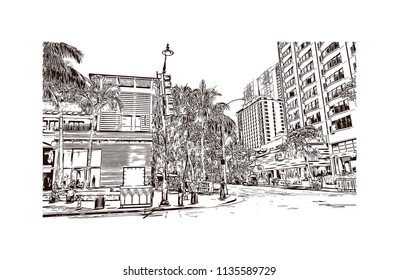 Landmark and building view of Charleston, City in South Carolina. Hand drawn sketch illustration in vector.