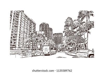 Landmark and building view of Charleston, City in South Carolina. Hand drawn sketch illustration in vector.