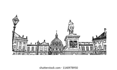 Landmark with Building view of Copenhagen Capital of Denmark. Hand drawn sketch illustration in vector.