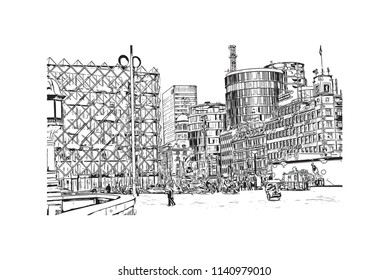 Landmark with Building view of Copenhagen Capital of Denmark. Hand drawn sketch illustration in vector.