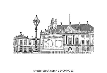 Landmark with Building view of Copenhagen Capital of Denmark. Hand drawn sketch illustration in vector.