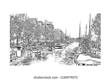 Landmark with Building view of Copenhagen Capital of Denmark. Hand drawn sketch illustration in vector.