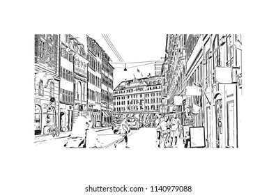 Landmark with Building view of Copenhagen Capital of Denmark. Hand drawn sketch illustration in vector.