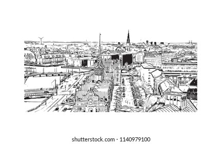 Landmark with Building view of Copenhagen Capital of Denmark. Hand drawn sketch illustration in vector.