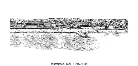 Landmark with Building view of Copenhagen Capital of Denmark. Hand drawn sketch illustration in vector.