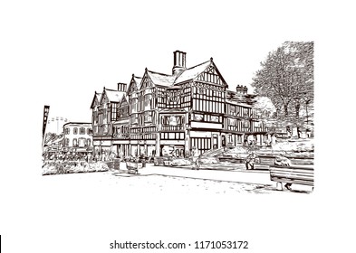Landmark with building view of Coventry West Midlands is a city in central England. Hand drawn sketch illustration in vector.