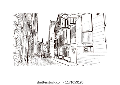 Landmark with building view of Coventry West Midlands is a city in central England. Hand drawn sketch illustration in vector.