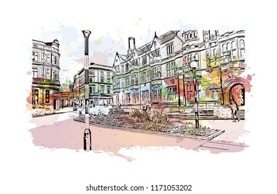 Landmark with building view of Coventry West Midlands is a city in central England. Watercolor splash with Hand drawn sketch illustration in vector.