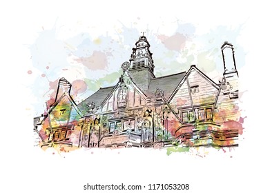 Landmark with building view of Coventry West Midlands is a city in central England. Watercolor splash with Hand drawn sketch illustration in vector.