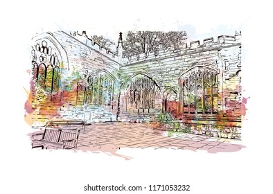 Landmark with building view of Coventry West Midlands is a city in central England. Watercolor splash with Hand drawn sketch illustration in vector.