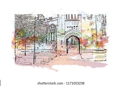 Landmark with building view of Coventry West Midlands is a city in central England. Watercolor splash with Hand drawn sketch illustration in vector.