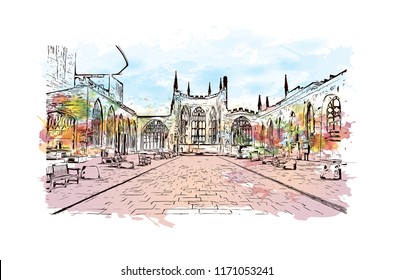 Landmark with building view of Coventry West Midlands is a city in central England. Watercolor splash with Hand drawn sketch illustration in vector.