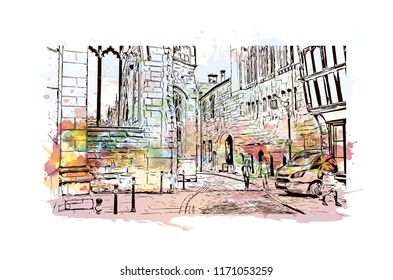 Landmark with building view of Coventry West Midlands is a city in central England. Watercolor splash with Hand drawn sketch illustration in vector.