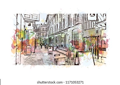 Landmark with building view of Coventry West Midlands is a city in central England. Watercolor splash with Hand drawn sketch illustration in vector.