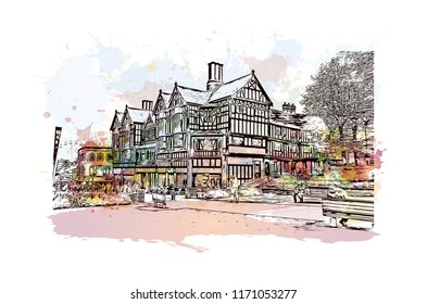 Landmark with building view of Coventry West Midlands is a city in central England. Watercolor splash with Hand drawn sketch illustration in vector.