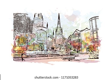 Landmark with building view of Coventry West Midlands is a city in central England. Watercolor splash with Hand drawn sketch illustration in vector.