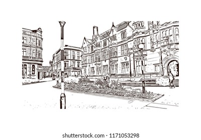 Landmark with building view of Coventry West Midlands is a city in central England. Hand drawn sketch illustration in vector.