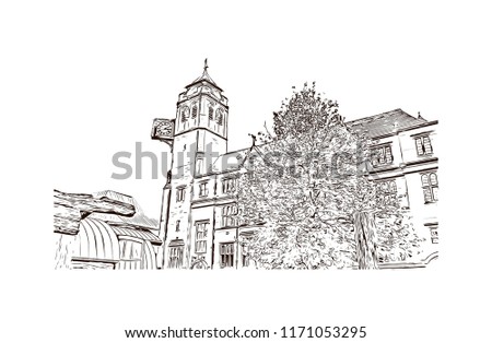 Landmark with building view of Coventry West Midlands is a city in central England. Hand drawn sketch illustration in vector.