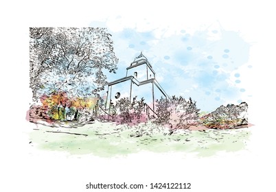 Landmark with building view with Helsinki, Finland’s southern capital, sits on a peninsula in the Gulf of Finland. Watercolor splash with Hand drawn sketch illustration in vector.