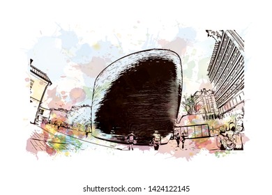 Landmark with building view with Helsinki, Finland’s southern capital, sits on a peninsula in the Gulf of Finland. Watercolor splash with Hand drawn sketch illustration in vector.