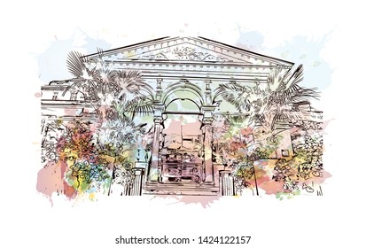 Landmark with building view with Helsinki, Finland’s southern capital, sits on a peninsula in the Gulf of Finland. Watercolor splash with Hand drawn sketch illustration in vector.