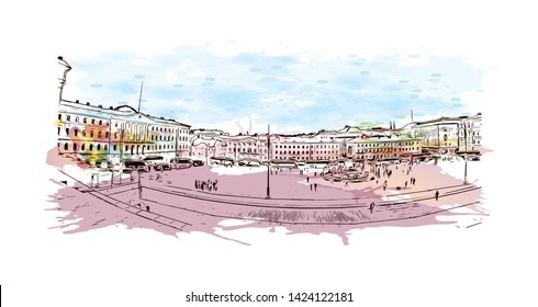 Landmark with building view with Helsinki, Finland’s southern capital, sits on a peninsula in the Gulf of Finland. Watercolor splash with Hand drawn sketch illustration in vector.
