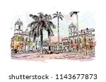 Landmark and building view of The Historic Center of Salvador, Bahia, Brazil. Watercolor splash with hand drawn sketch illustration in vector.
