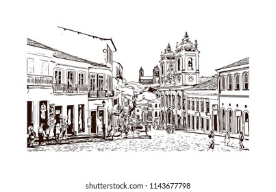Landmark and building view of The Historic Center of Salvador, Bahia, Brazil. Hand drawn sketch illustration in vector.