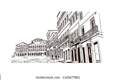 Landmark and building view of The Historic Center of Salvador, Bahia, Brazil. Hand drawn sketch illustration in vector.