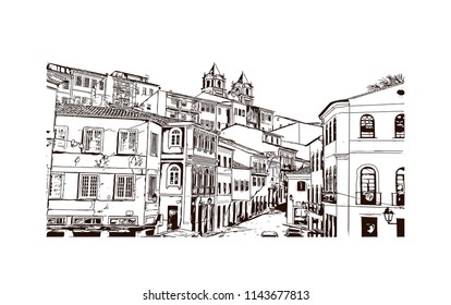 Landmark and building view of The Historic Center of Salvador, Bahia, Brazil. Hand drawn sketch illustration in vector.