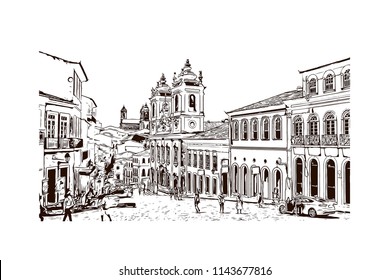 Landmark and building view of The Historic Center of Salvador, Bahia, Brazil. Hand drawn sketch illustration in vector.