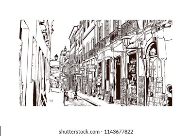 Landmark and building view of The Historic Center of Salvador, Bahia, Brazil. Hand drawn sketch illustration in vector.