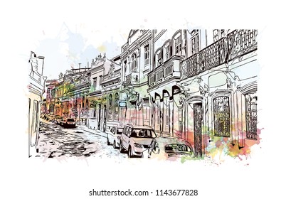 Landmark and building view of The Historic Center of Salvador, Bahia, Brazil. Watercolor splash with hand drawn sketch illustration in vector.