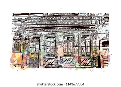 Landmark and building view of The Historic Center of Salvador, Bahia, Brazil. Watercolor splash with hand drawn sketch illustration in vector.