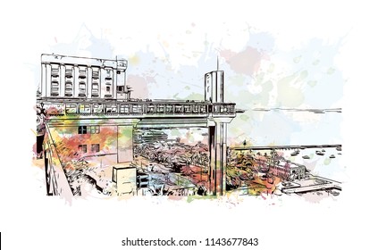 Landmark and building view of The Historic Center of Salvador, Bahia, Brazil. Watercolor splash with hand drawn sketch illustration in vector.