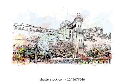 Landmark and building view of The Historic Center of Salvador, Bahia, Brazil. Watercolor splash with hand drawn sketch illustration in vector.