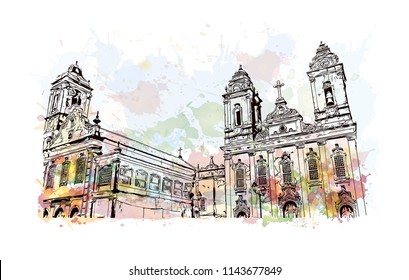 Landmark and building view of The Historic Center of Salvador, Bahia, Brazil. Watercolor splash with hand drawn sketch illustration in vector.